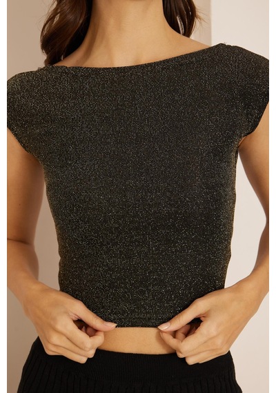 Darlin Moda Kadın Siyah Gold Simli Sırt Dekolteli Crop Bluz Dm8001 Siyah