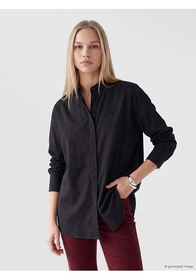 Lcw Vision Siyah Hakim Yaka Oversize Kadın Gömlek