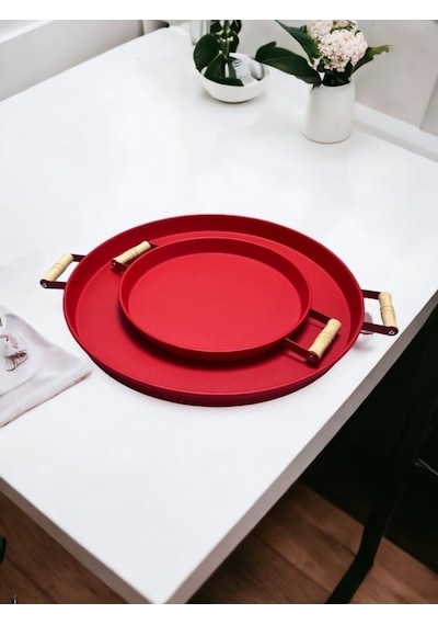 2'li Ahşap Kulplu 45 Cm Kırmızı Metal Tepsi Ve 37 Cm Kırmızı Kahve Sunum Tepsisi Kırmızı