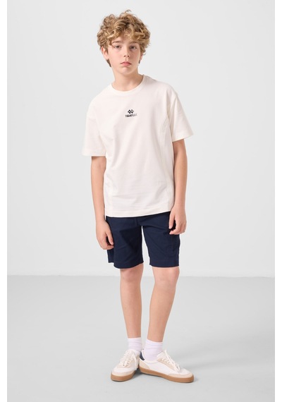 Ekru-lacivert Pamuklu Oversize Fit Dokuma Hafif Esnek Chino Erkek Çocuk Şort Takım - 11276 Ekru