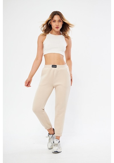 Lesa Wear Yüksel Bel Jogger Şardonlu Eşofman Altı Paçası Lastikli Bej