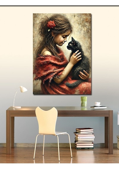 Kanvas Tablo Kara Kedi Ve Kız Çocuğu 50cmx70cm