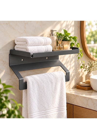 Metal Raflı Havluluk 40 Cm Duvar Tipi Havlu Askısı Antrasit - Gri