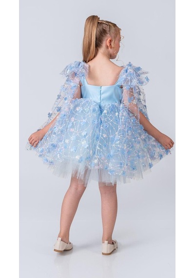 Mnk Baby & Kids Çiçek Brode Desen İmeros Kız Abiye M00736 Mavi