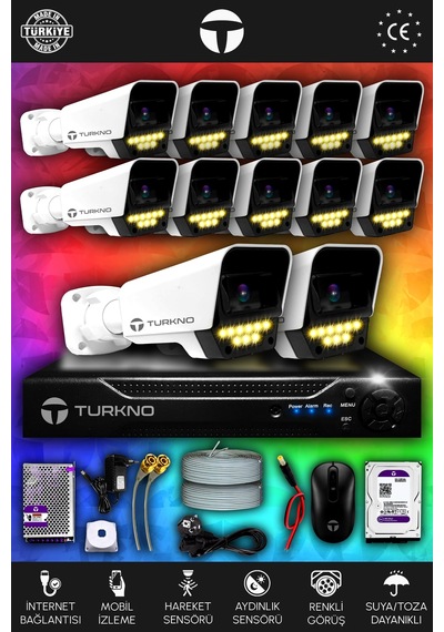 Turkno 12 Kameralı Supia 12 Dış Kamera Set 1 TB 5 MP 2K Net Renkli Gece Görüşlü Güvenlik Kamerası Sistemi