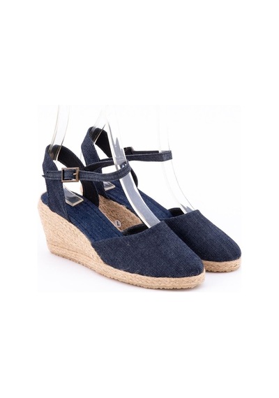 Star Tombis Gerçek Elişi Topuğu Açık Bilekten Bantlı Dolgu Topuk Kot Mavi Keten Hasır Espadril Handmade Koyu Mavi