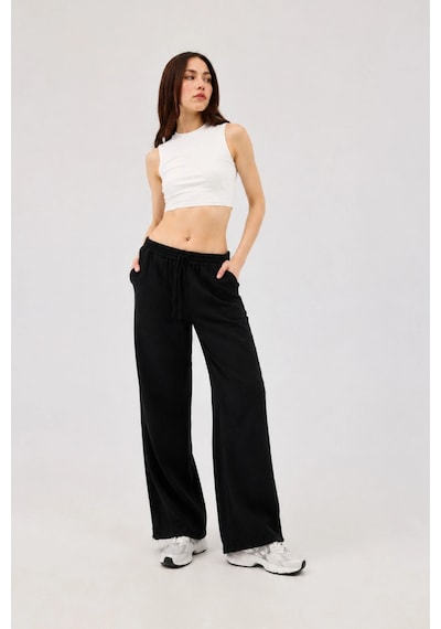 Dıanna Kadın Beli Lastikli Wide Leg Müslin Pantolon %100 Pamuk Geniş Bol Paça Rahat Ofis & Günlük Stil Siyah