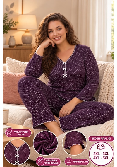 Seboteks Mevsimlik İnce Kumaş Puantiyeli Uzun Kollu Büyük Beden Kadın Pijama Takımı 3157 Mor Seboteks Mevsimlik İnce Kumaş Puantiyeli Uzun Kollu Büyük Beden Kadın Pijama Takımı 3157 Mor