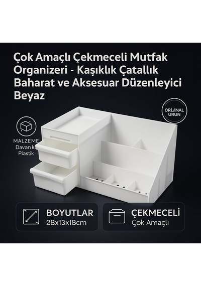 Çok Amaçlı Çekmeceli Mutfak Organizeri - Kaşıklık Çatallık Baharat Ve Aksesuar Düzenleyici Beyaz