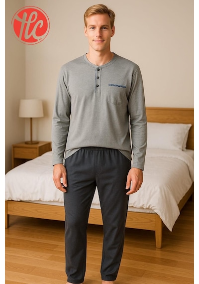 Gd Goldoremi 28301 Erkek 4 Mevsim Rahat Pamuklu Süprem Kumaş Uzun Kollu Pijama Takım Grı