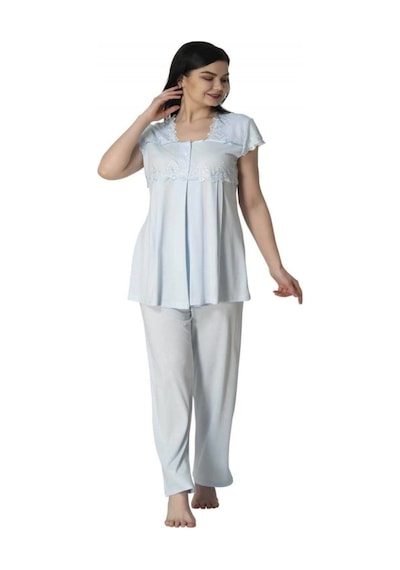 Effortt Kadın Mavi Uzun Prenses Sabahlıklı Lohusa Pijama Takımı 5011 Mavi
