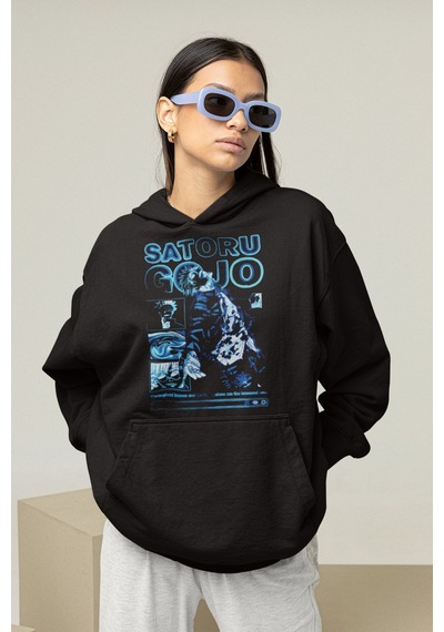 Sevbano Satoru Gojo Jujutsu Kaisen Baskılı Unisex Oversize Anime Hoodie Siyah