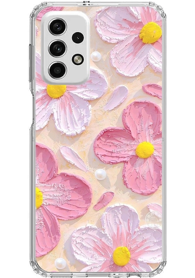 Samsung Galaxy A73 Uyumlu Pembe Beyaz Çiçekler Sulu Boya Baskılı Silikon Kılıf Renkli