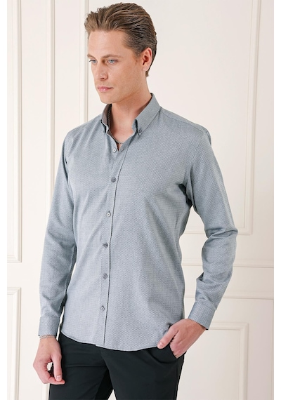Efor Slim Fit Düğmeli Yaka Dokulu %100 Pamuk Klasik Gri Gömlek Gk 724 Gri