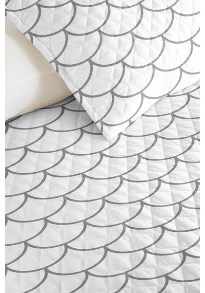 Gri Geometrik Genç Odası Tek Kişilik Pike Takımı - Beyaz Minimal 160x220 Cm Kapitone Yatak Örtüsü Doğal Kabuğu Baharı