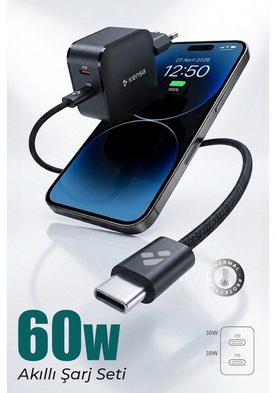 60w Çift Portlu Usb-c Girişli Akıllı Hızlı Şarj Adaptör Kablo Seti - Pd Ve Qc Destekli