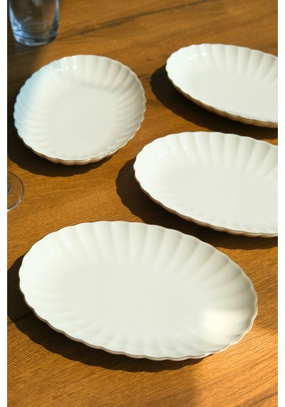 Kütahya Porselen Bone Luz Altın File Kayık Tabak 27x19cm Bnlzf28ky20 4 Lü Krem