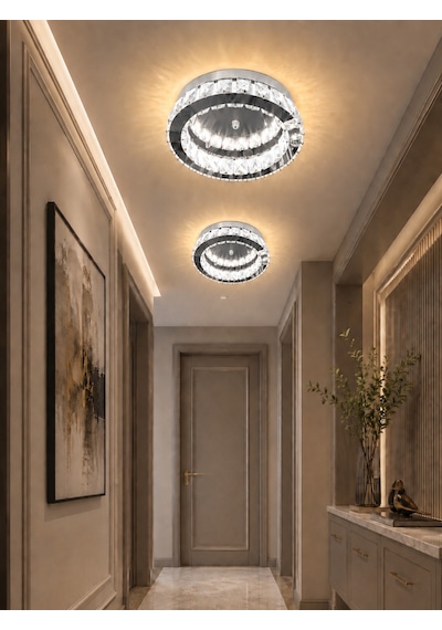 Kristal Taşlı 30 Cm Led Plafonyer Avize 3 Renk Işık, Oda Ve Koridor Aydınlatma Çok Renkli