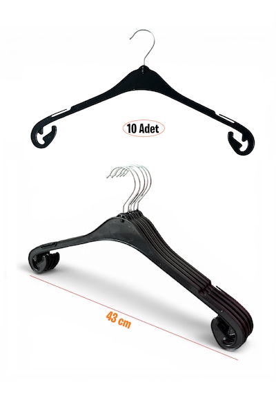 Bluz Askısı, Elbise Askısı, Tişört Askısı, Tunik Askısı, Gömlek Askısı, Siyah Renk, 43 Cm, 10 Adet Siyah Mat