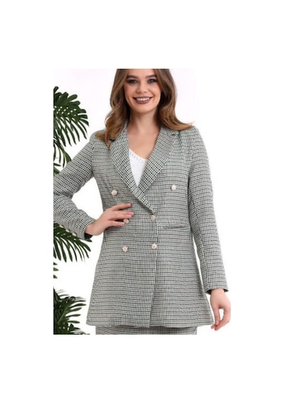 Kadın Kruvaze Uzun Blazer Ceket Ekoseli Blazer Ceket Gri Gri