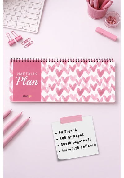 Tarihsiz Spiralli Haftalık Masaüstü Planlayıcı - Kalpler - 10x30 Cm Plango Turkuaz