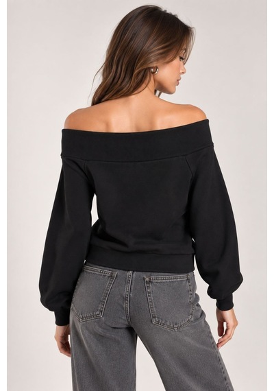 Sortie Collection Madonna Yaka Çiçek Nakışlı 3 İplik Sweatshirt Siyah