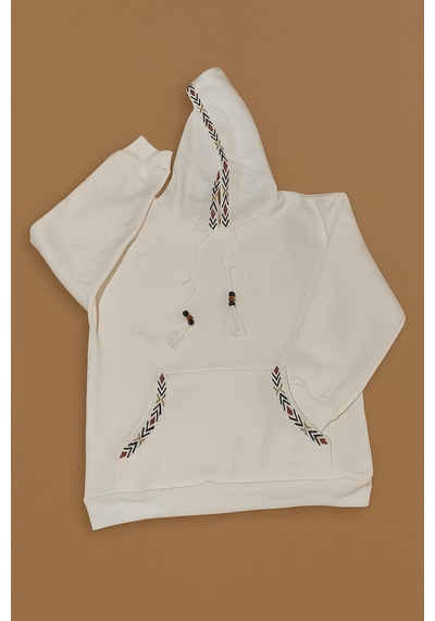 Bigdart Kadın Kapşonlu Şardonlu Nakışlı Üç İplik Beyaz Kadın Sweatshirt Beyaz