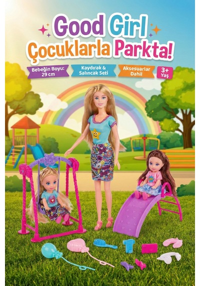 Good Girl Çocuklarla Parkta Oyun Seti - 29 Cm Bebek, Kaydırak, Salıncak Ve Aksesuarlı