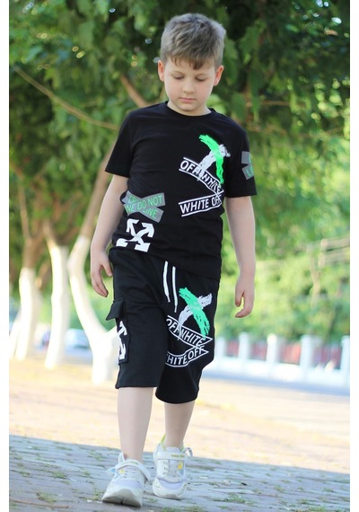Off White Yazı Baskılı Kaprili Erkek Alt-üst Takımı Gri