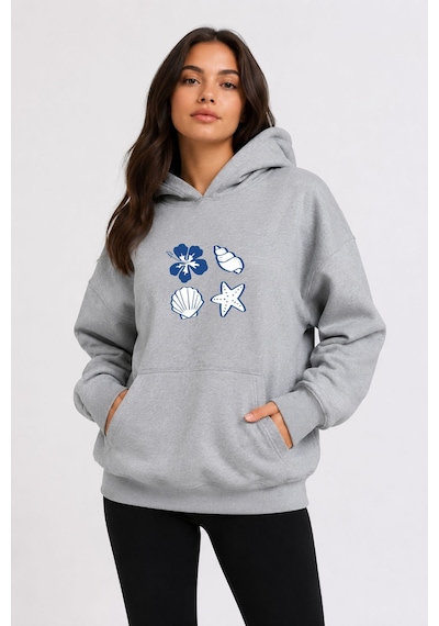 Herkesemoda Deniz Kabukları Baskılı Kapüşonlu 2 İplik Şardonlu Sweatshirt Gri