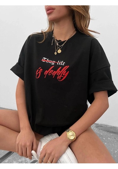Freedom Store Kadın Bisiklet Yaka Baskılı Oversize Kısa Kol T-shirt - Siyah