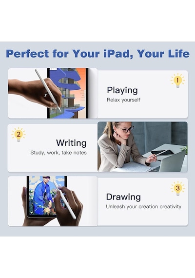 Apple Uyumlu iPad  10.2 2021 9.nesil Avuç Içi Algılamayan Stylus Kalem 3 Adet Yedek Uç Dahil