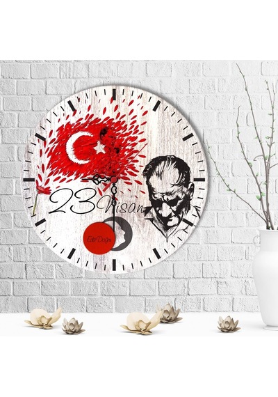 Kişiye Özel 23 Nisan Tasarımlı Ahşap Duvar Saati 30 Cm. - 1 Çok Renkli