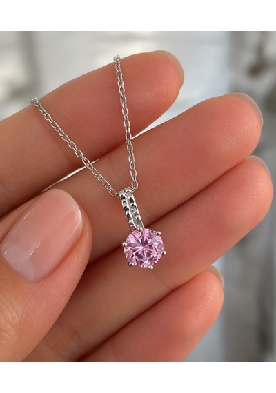 Bijutaki Pembe Taşlı Zarif Kolye Gümüş