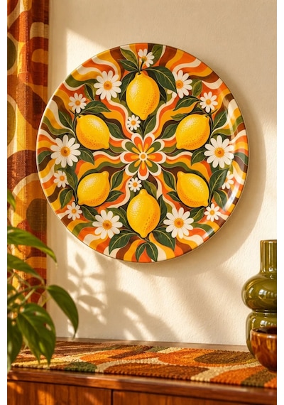 Dekoratif Duvar Tabağı Limonlu Retro Esintiler Dekorlu Seramik Tabak Turkuaz