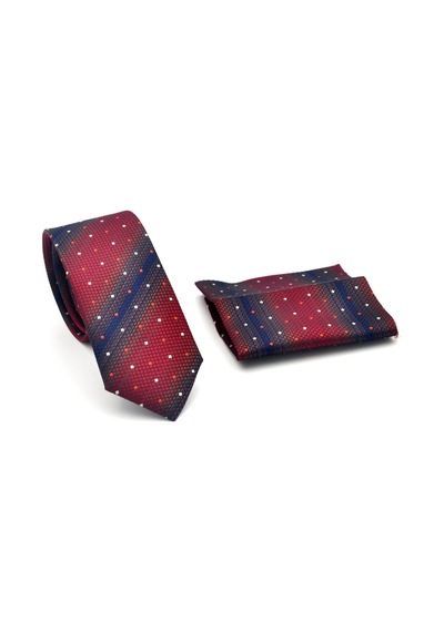 Gaffy Lacivert Verev Desenli Bordo Dokuma Kumaş Mendilli Slim Fit Kravat // Sdk-2505-3 Bordo