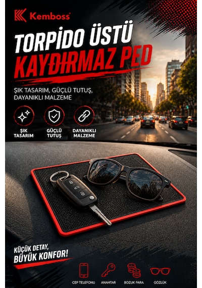 Siyah Torpido Üstü Kaydırmaz Ped Telefon Gözlük Anahtar Tutucu Kırmızı Detaylı