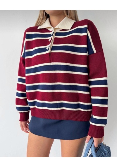 Kadın Çizgili Polo Yaka Oversize Triko Kazak Bordo