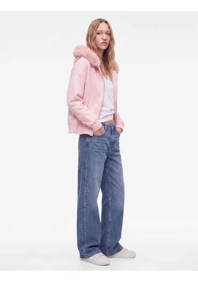 Koton Şardonlu Cepli Rahat Kalıp Uzun Kollu Fermuarlı Suni Kürk Kapüşonlu Sweatshirt Pembe 7wal10302ık Gülkurusu