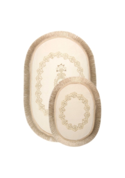 Exclusive Oval Krem 2'li Dantelli Ve Saçaklı Banyo Paspası Püskül Krem