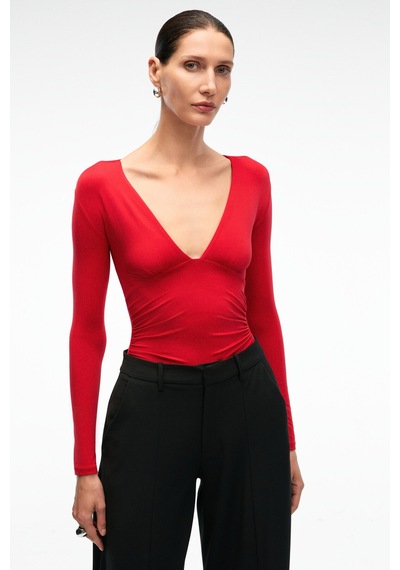Grımelange TEVRINE Kadın Kruvaze Yakalı Esnek Kumaşlı Uzun Kollu Çıtçıt Kapamalı Slim Fit Kırmızı Bluz