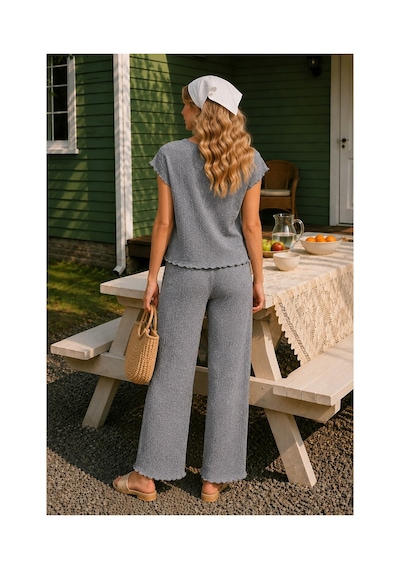 Rindahomewear Bürümcük Kumaş Antrasit Düşük Kol Pijama Takım Antrasit
