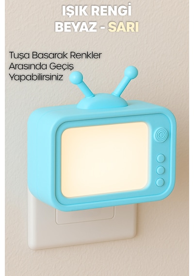 Gece Lambası Eski Tv Tip 2 Mod Sarı-beyaz Işık Tuşlu Koridor Hol Işığı Uyuma Işığı Turkuaz Gc04 Mavi
