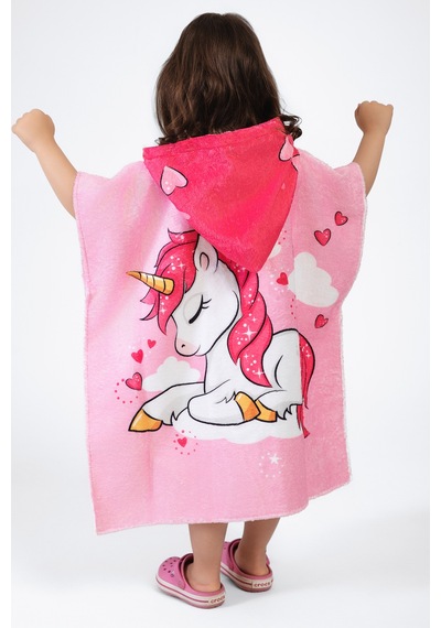 Unicorn Desen Çocuk Panço Plaj Havlusu Pembe