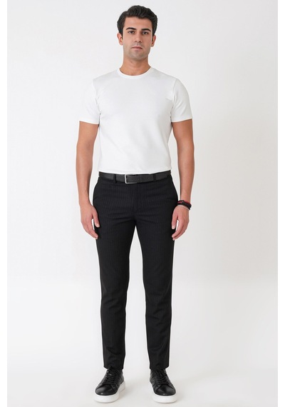 Slim Fit Yan Cepli Esnek Yünlü Siyah Çizgili Pantolon P 1236