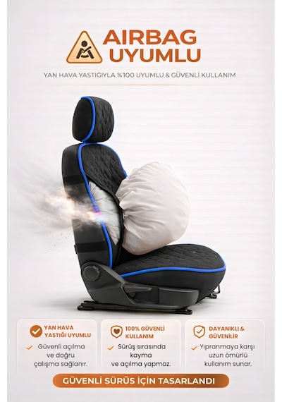 Oto Koltuk Kılıfı Tay Tüyü Tekli Ön Minder 4 Katmanlı Terletmez Airbag Uyumlu - Siyah Mavi
