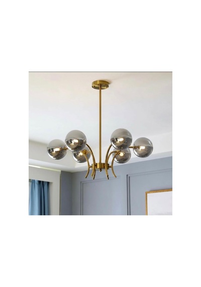 Mat Altın Gold 6 Kollu Modern Salon Avizesi Füme Küre Cam E27 Duy Metal Gövde Luxury Dekoratif Yemek Odası Oturma Odası Tavan Aydınlatması Siyah