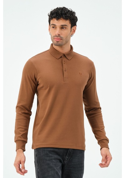 Uzun Kollu Regular Fit Erkek Polo Yaka T-shirt Kahverengi