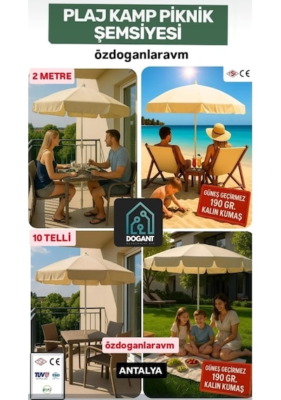 Özdoğanlar Plaj Deniz Bahçe Şemsiyesi, 2 Metre, 10 Telli, Bej Diğer