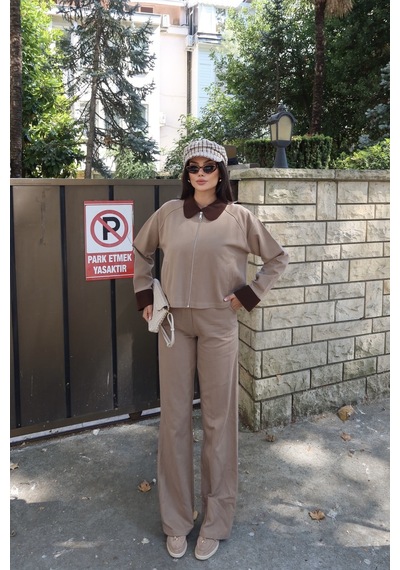 Kechi Woman Gabardin Kumaş Fermuarlı Yaka Garnili Ceket Bej